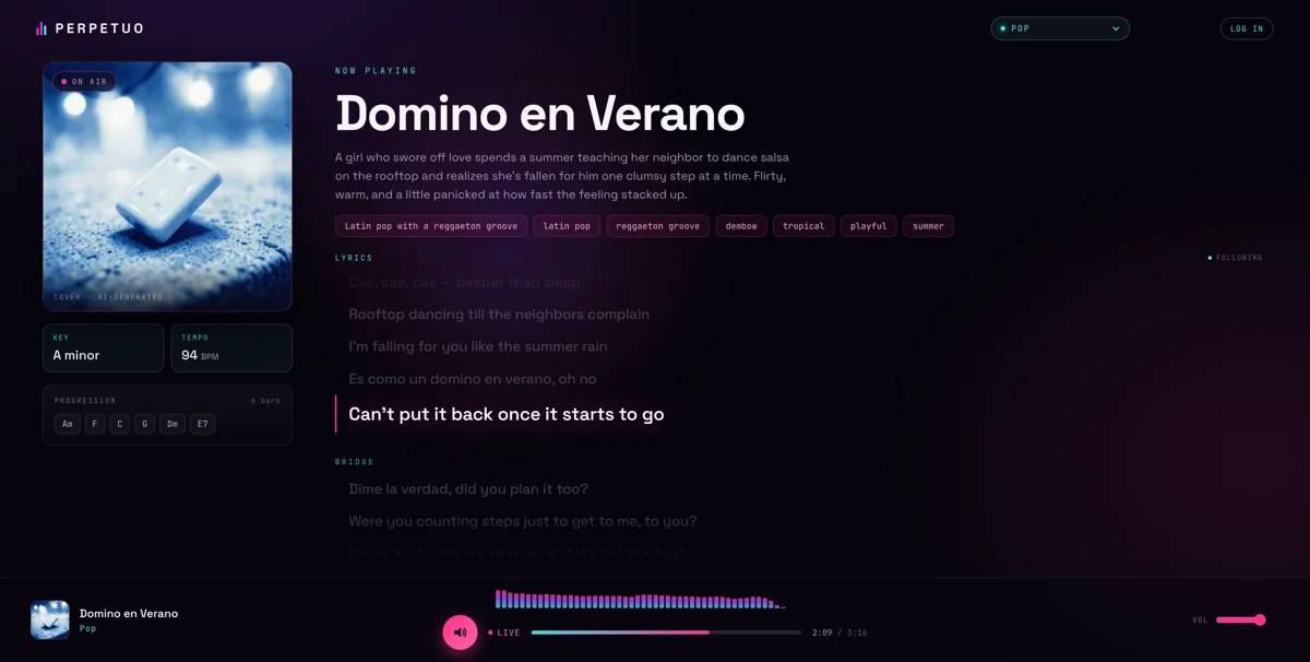A Perpetuo station playing 'Domino en Verano' with its AI cover art