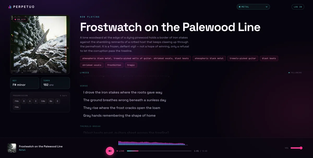 A Perpetuo station playing 'Frostwatch on the Palewood Line'