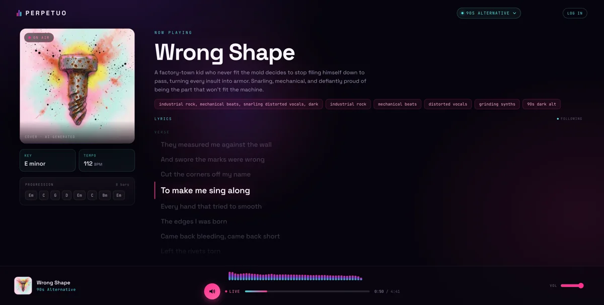 The Perpetuo player: 'Wrong Shape' on air with AI cover art, key, tempo, chords, and live lyrics